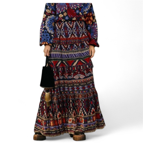 FARM Rio Dresses & Skirts - Farm Rio Ainika Tapestry Blue Maxi Skirt Tiered Size M